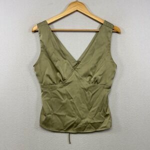 Boho Chic Milk + Honey Womens Small Olive Green Satin V-Neck Empire Waist Top